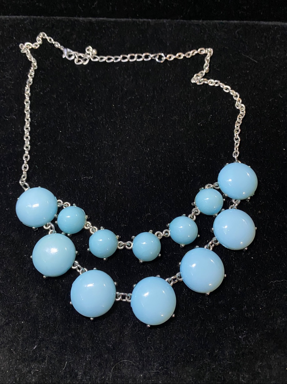 Vintage Light Blue Round Cabochon Statement Bib Necklace Retro Multi Strand